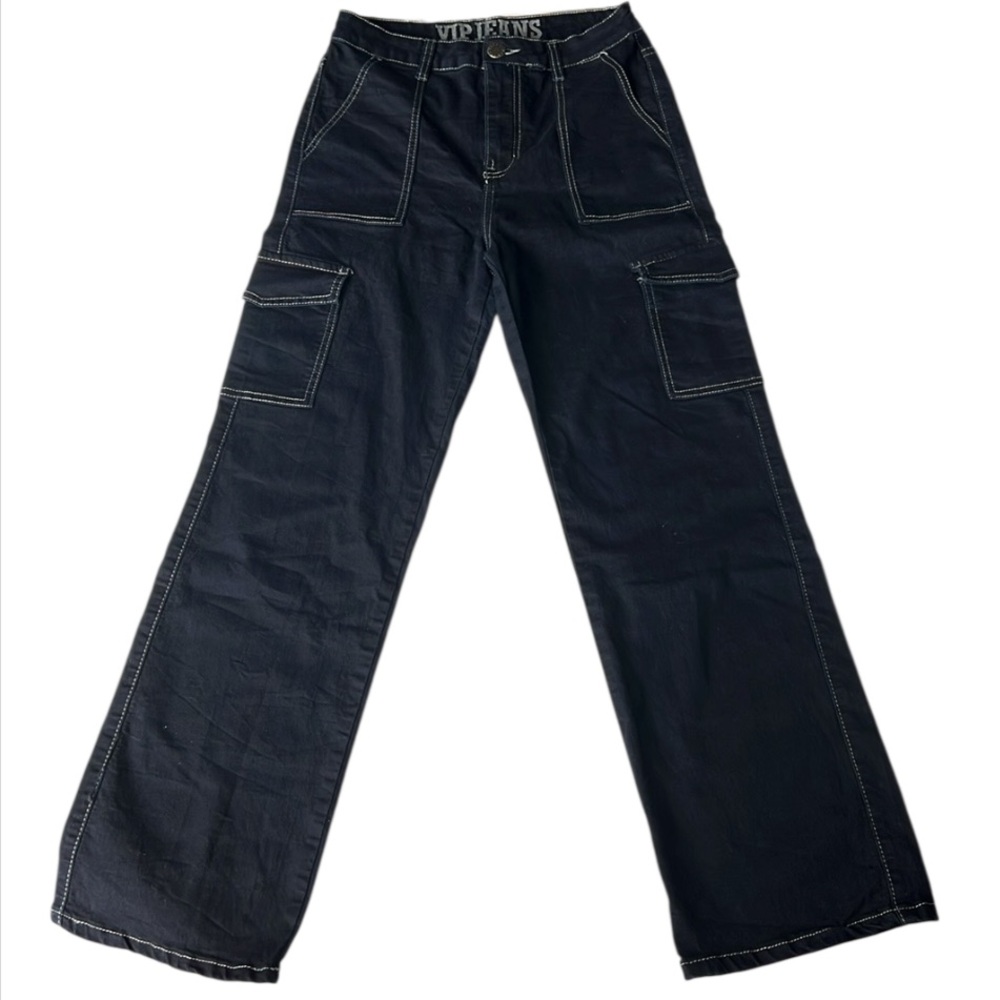 VIP Black Wide Leg Lightweight Y2K Cargo Jeans for Women w pockets Sz 7/8